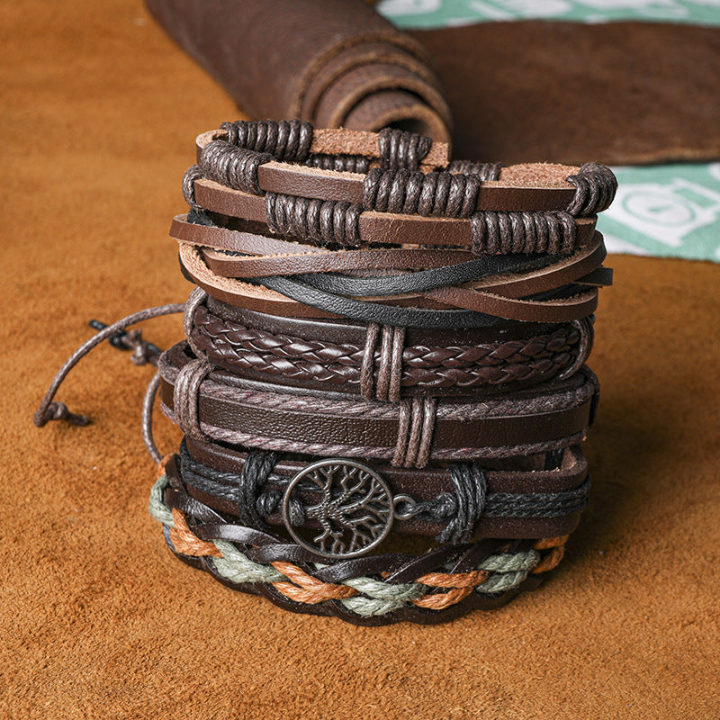 Wholesale Braided  Tree of Life Multilayer Genuine Leather Men's Bracelet